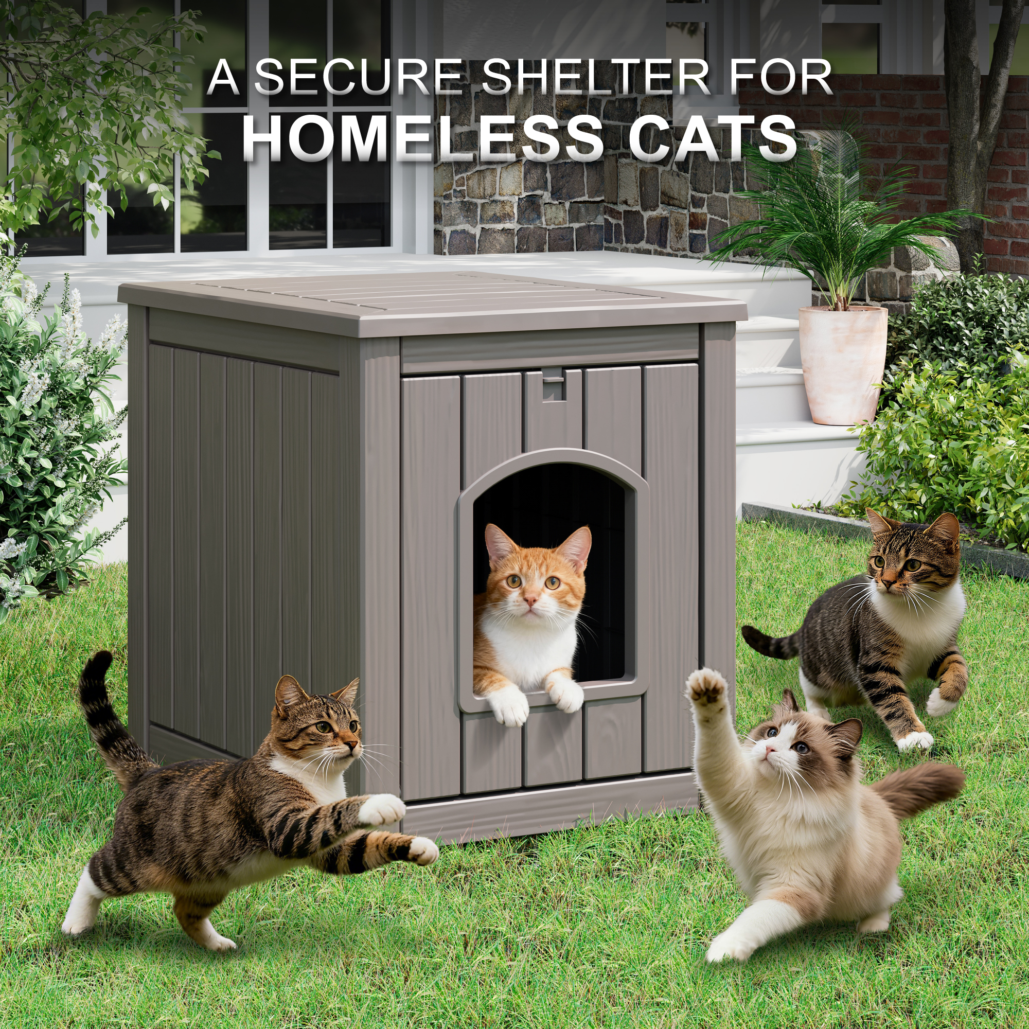 LHBcraft Outdoor Cat House, Weatherproof PP Cat Shelter for Feral & Stray Cats, Durable All-Season Pet House for Garden & Patio ,Gray