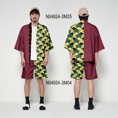 Demon Slayer Kimetsu Yaiba Japanse Anime Kimono Haori Yukata Cosplay Vrouwen/Mannen Zomer Casual Streetwear Rengoku Kyouju SetXXL Gao Jinjia LED