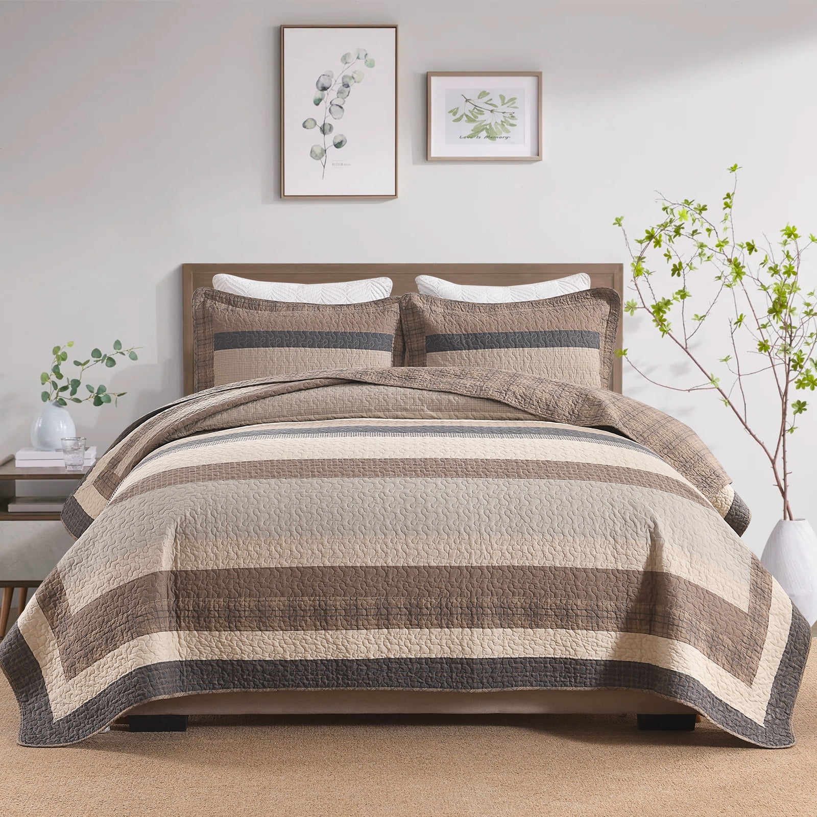 Bedduvit Striped 100% Organic Cotton Quilt - Queen Size Quilt Set, Brown Black Beige Farmhouse Cottage Bedspread for Queen Bed, Lightweight Modern Unisex All-Season 3-Piece Comforter Set, 98"x90"