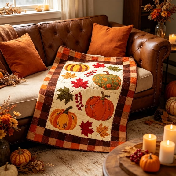 Vintage Patchwork Border Pumpkin Maple Leaf Flannel Throw Blanket, Quilt Style Fall Harvest Blanket, Soft Polyester Decorative Blanket for Sofa, Bed, Autumn Thanksgiving Farmhouse Home Decor