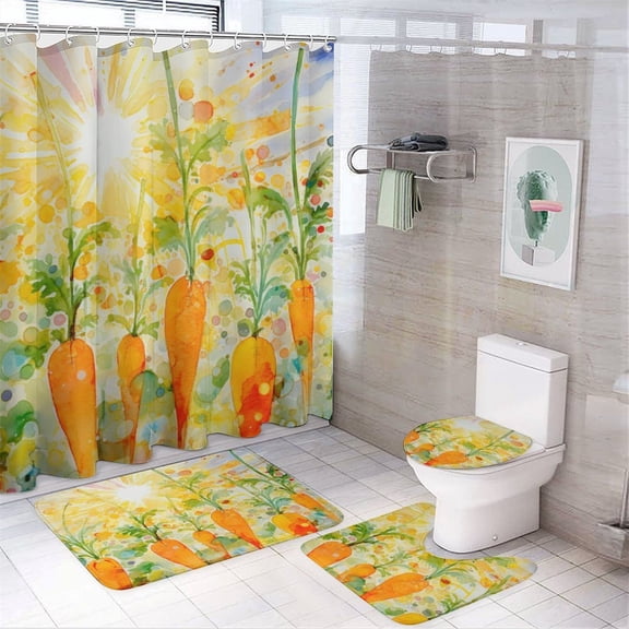 Shower Curtain Sets 4 Piece Watercolor Painting Of Carrots In The Sun Rug Toilet Lid Cover And Non-Slip U Shape Mat Holiday Farmhouse Spring Bathroom Accessories Set Decor with 12 Hooks
