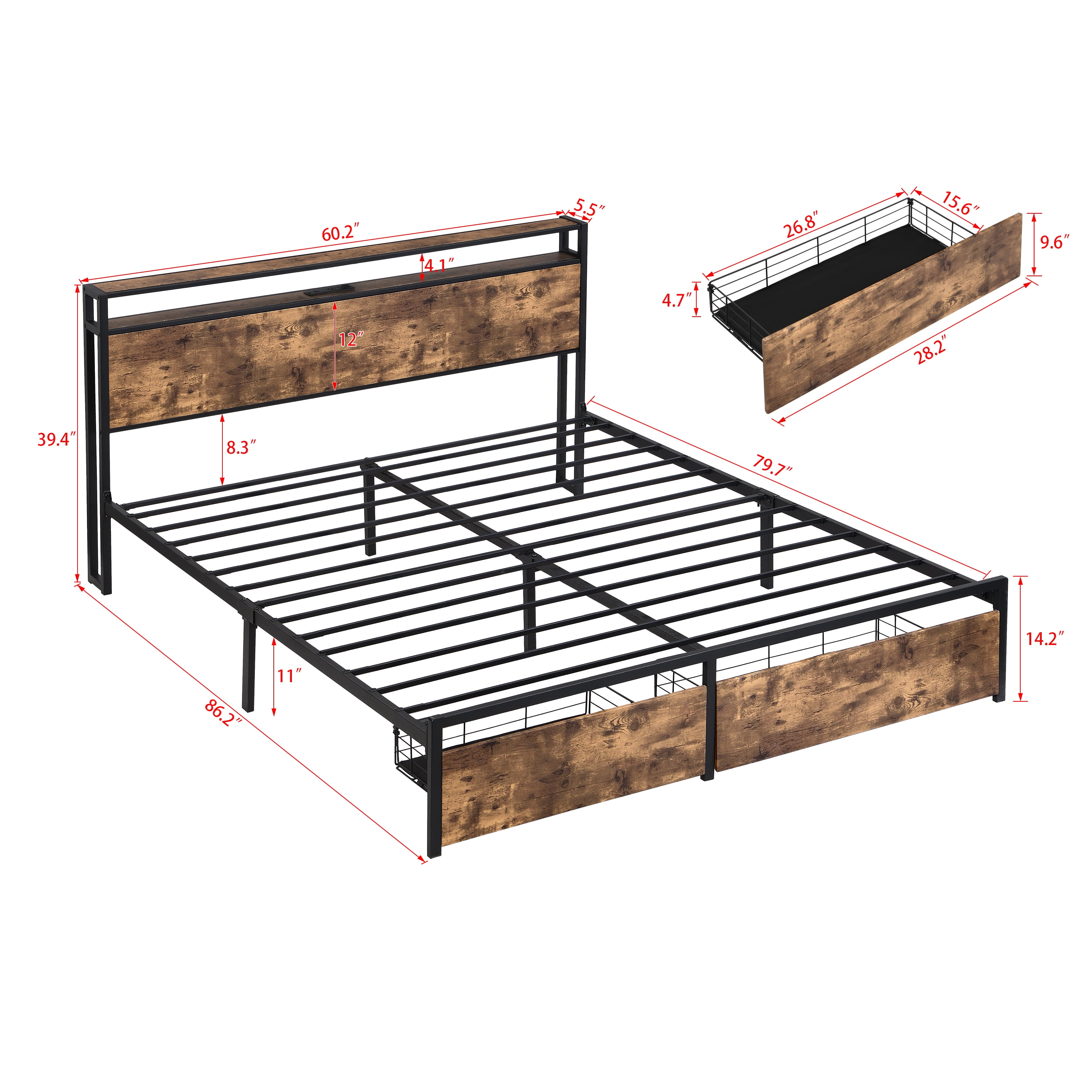 Aukfa Metal Queen Size Bed Frame with USB Ports, 16 Colors LED Lights, 2 Storage Drawers, Brown