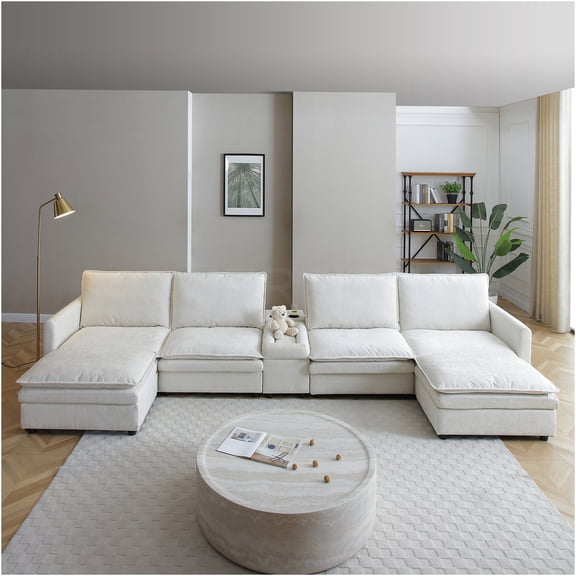 JERFIT Large U-Shaped Sectional Sofa with Ottoman, 6-Piece Modular Cloud Couch, Plush Chenille Fabric, Adjustable Backrest, Modern Furniture for Living Room
