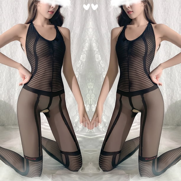 Combinación de lencería sexy medias finas de mujer mono de seda negro entrepierna abierta tirantes negros calcetines de una pieza pareja de gran tamaño fácil de insertar 8920 una pieza XianweiShao 1327537317333