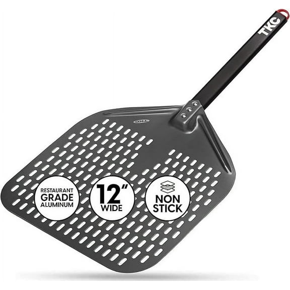 TKC Pizza Peel 12 inch - Perforated Pizza Peel Compatible with all Ooni and Roccbox Outdoor Ovens - Aluminum Pizza Peel for Homemade Pizza - Compact Design - 26 Inch Overall Length (Black/Gray)