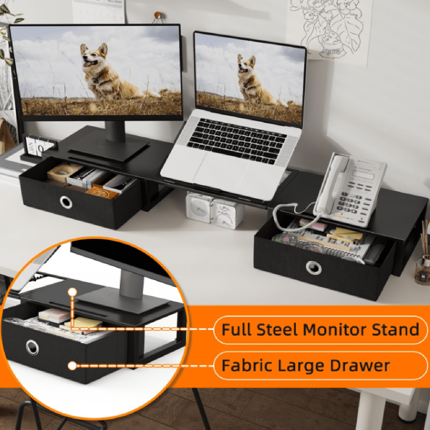 Monitor Stand Riser with Adjustable Laptop Stand Riser, Steel Frame Dual Monitor Stand with Two Drawers for 2 Monitors, Desktop Oraganizer Stand for Computer,Laptop,Screen