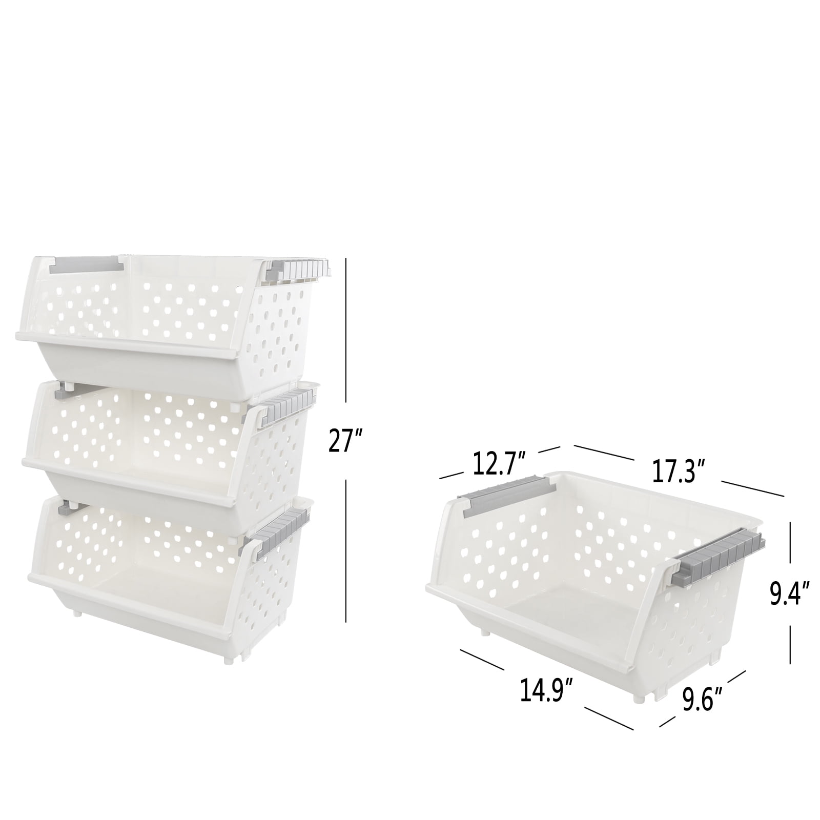 Doryh 3-tier Plastic Open Front Stacking Storage Basket/Bin, Large Size, White