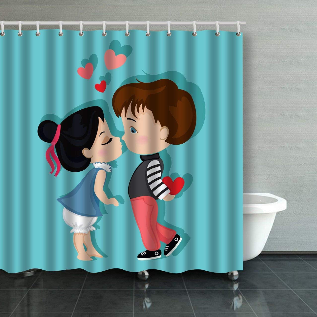 Rylablue Boy And Girl Kissing Love Card, Boy Girl Bathroom Shower Curtain