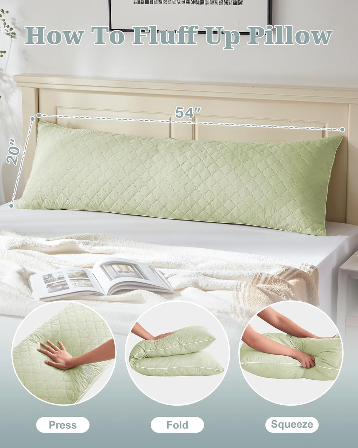 Parojati Long Body Pillow for Adults - Firm Body Pillow Insert with Shredded White Memory Foam, Adjustable Height, Soft Support for Side Sleeping, Pregnant Women, Washable (Green, 20x54 inch)
