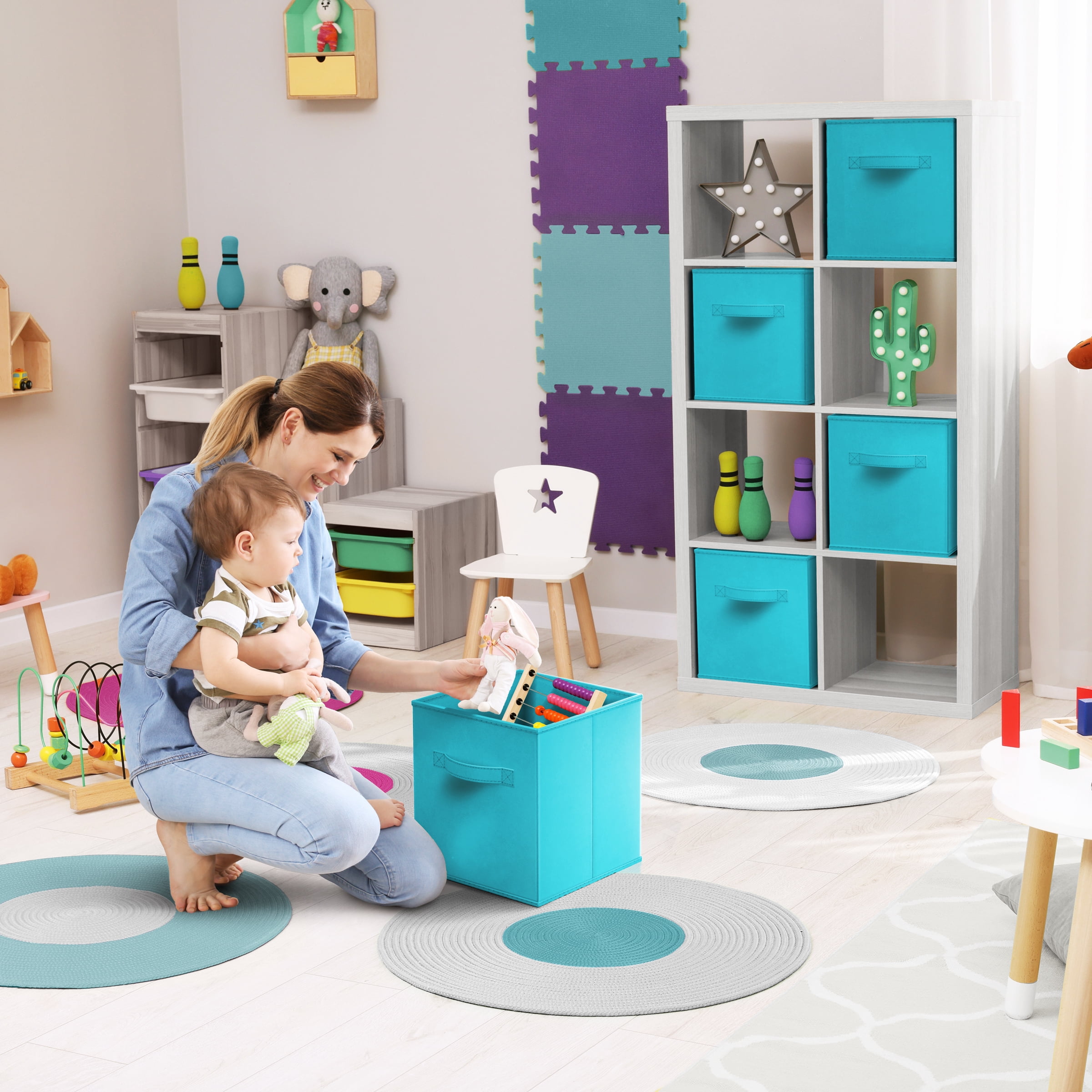 Sorbus 13 Inch Collapsible Fabric Storage Cubes, 8 Foldable Baskets for Organizing for Closet, Shelves, Clothes, Toys, Books, Aqua