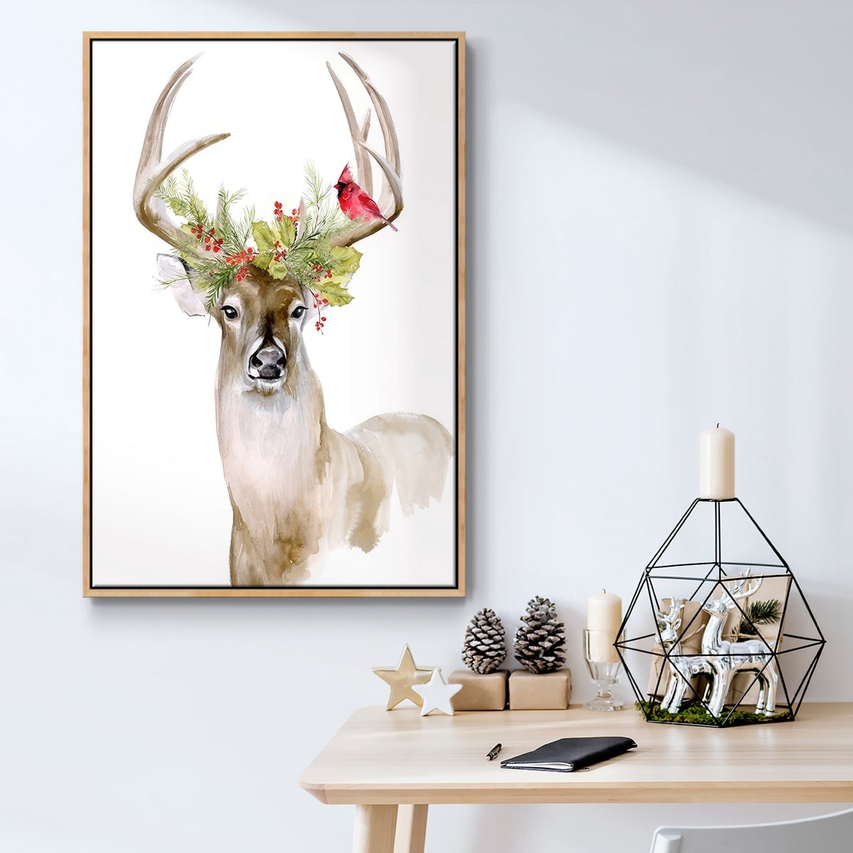 Holiday Deer I - Framed Gallery Wrapped Holiday Canvas - 27 x 41 - Natural Wood Frame
