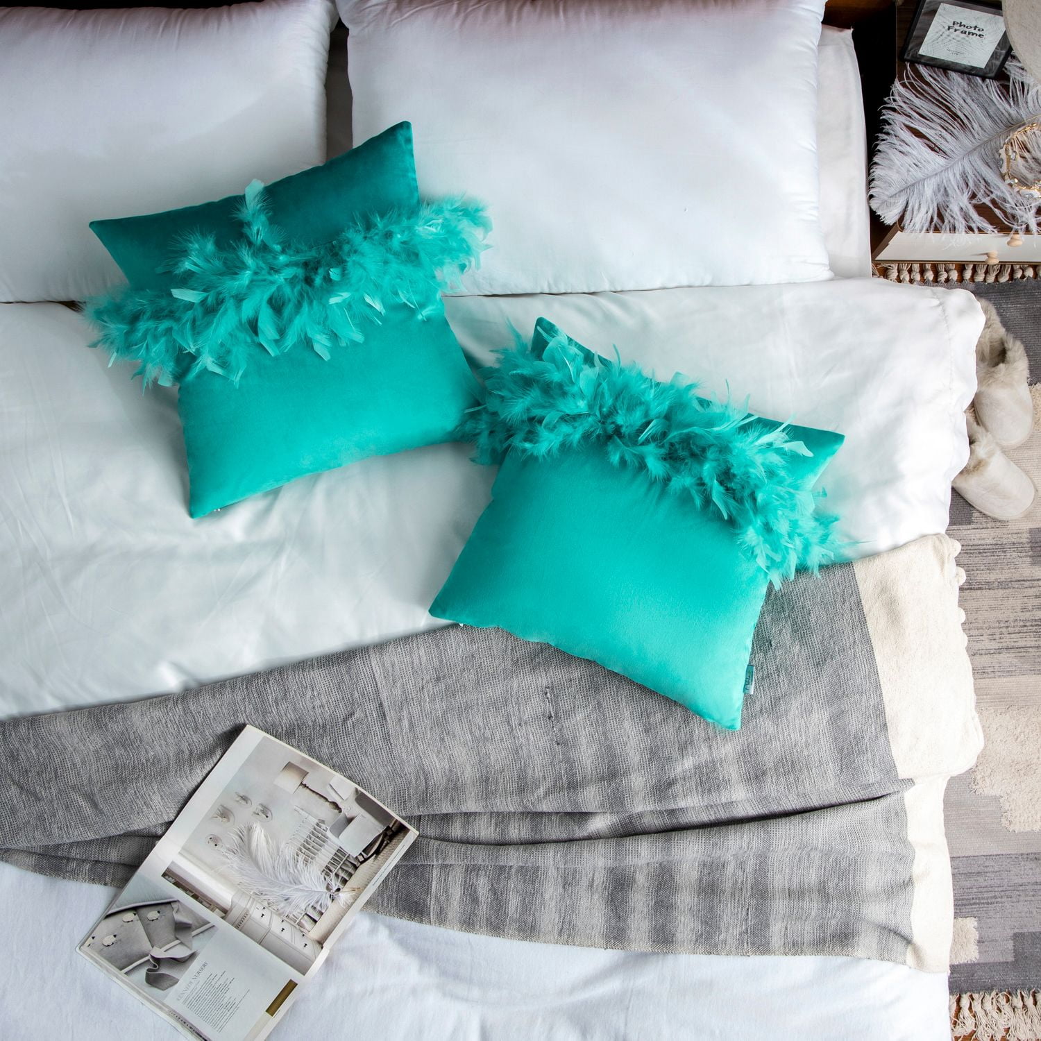 Phantoscope Feather Velvet Decorative Throw Pillows, 18 x 18 in, Turquoise, 2 Pack