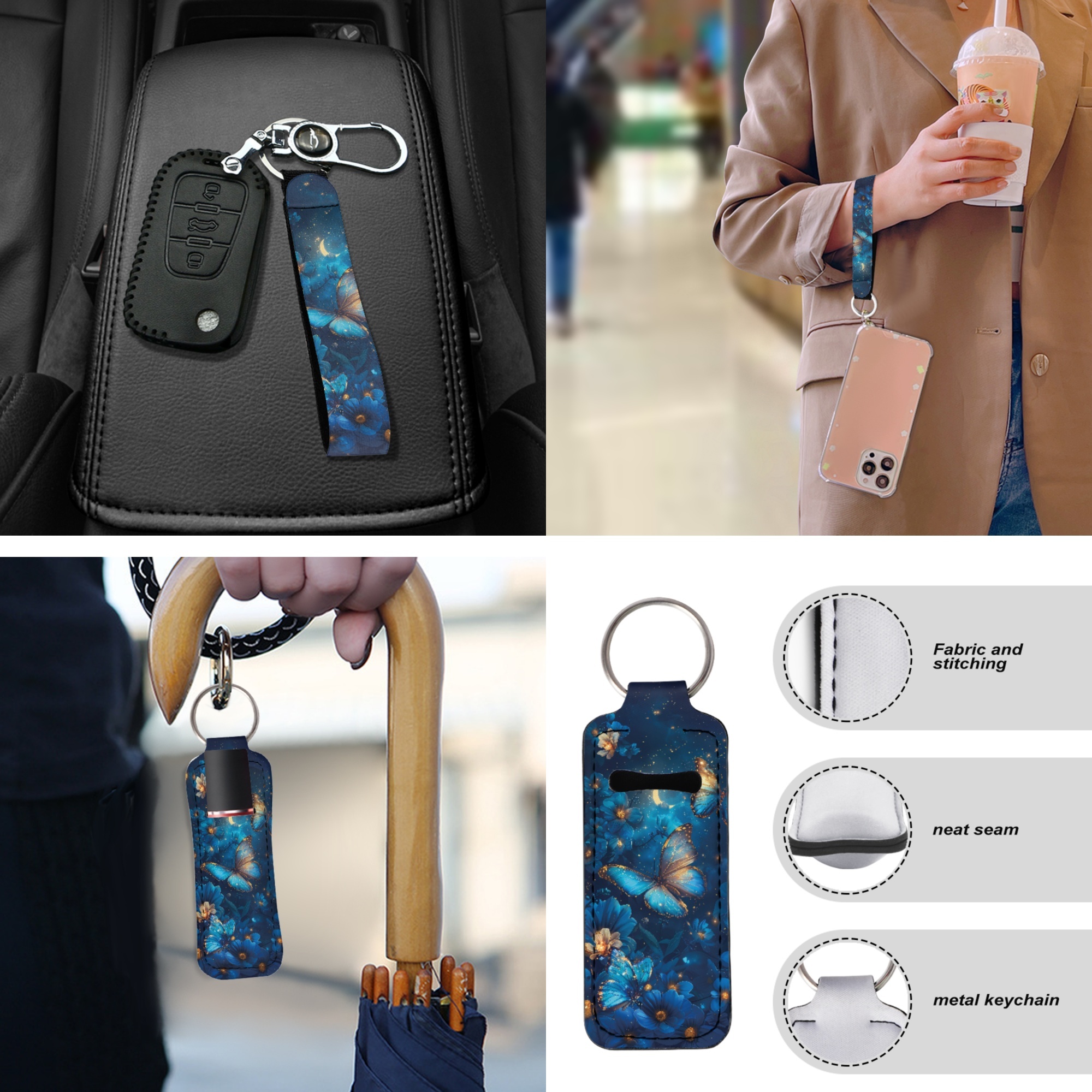 Jeiento Butterfly Car Seat Covers Full Set with Steering Wheel Cover Safe Belt Pads Coasters Center Console Cover Keychain Chapstick Holder Blue 13 PCS Auto Interior Sets Accessory