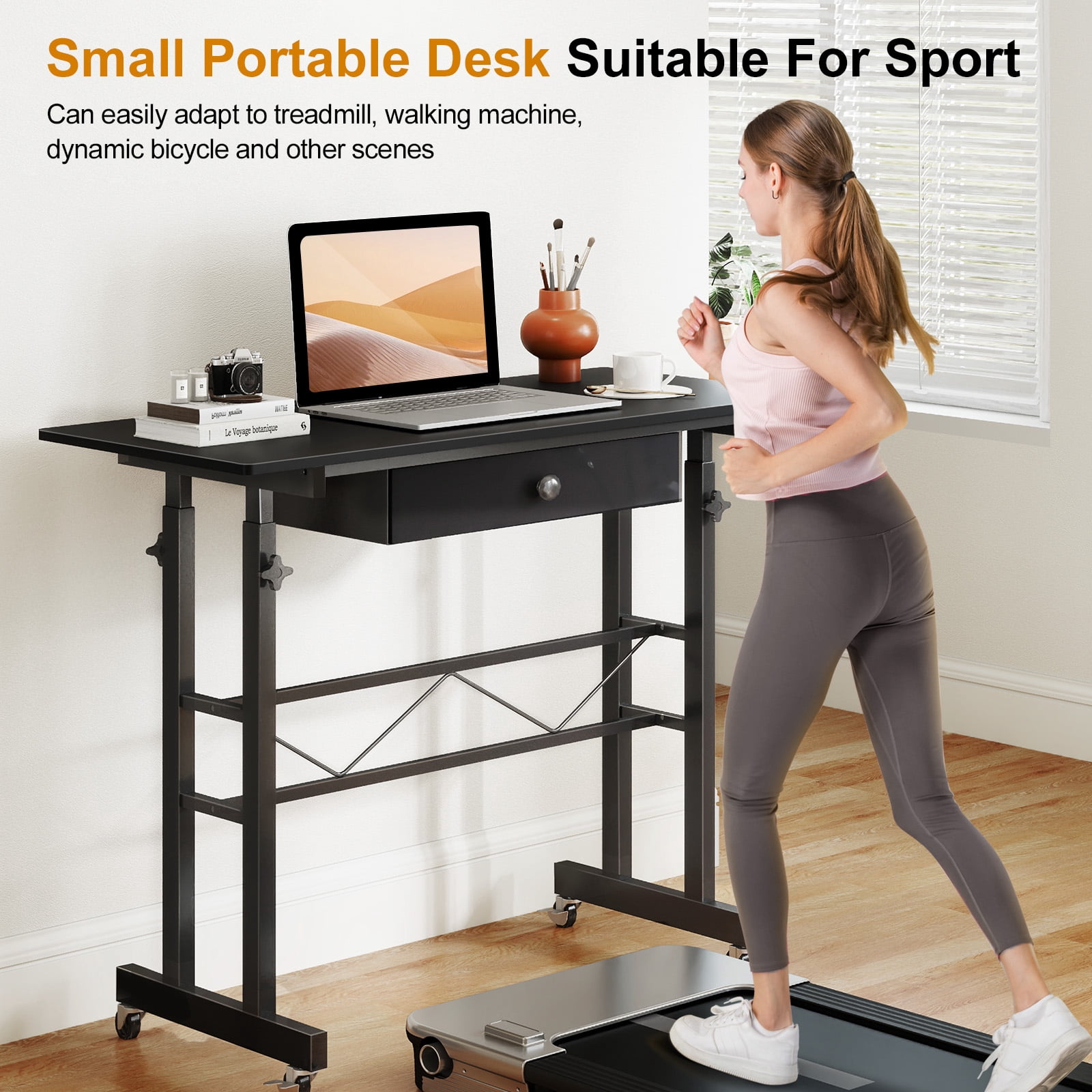 EXRACING Adjustable Height Small Standing Desk, 32" Portable Rolling Laptop Table with Wheels, Mobile Sit-Stand Computer Workstation, Treadmill Desk，Black