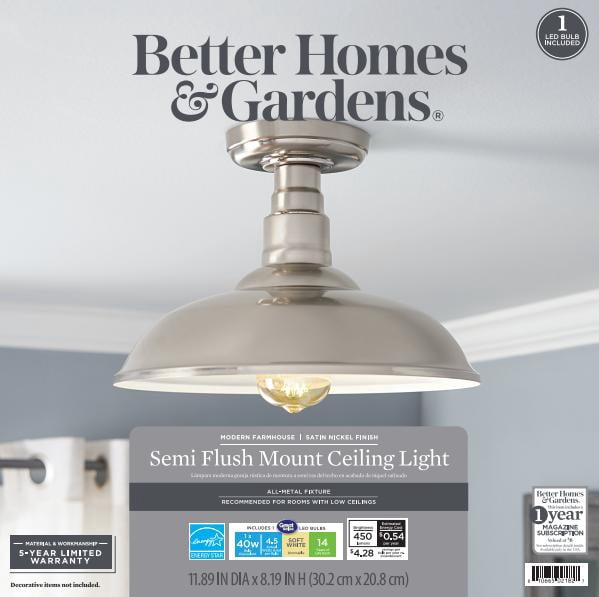 Better Homes & Gardens 12" Farmhouse Semi-Flush Ceiling Light, Satin Nickel, ST19 LED Bulb Included