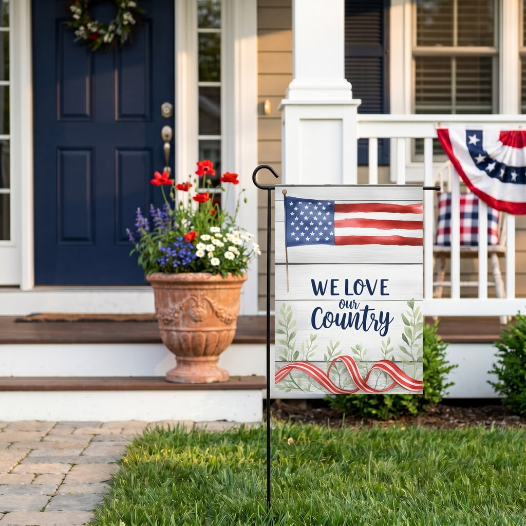 red white blue garden flag A flag with the words we love our country on it. WE LOVE our Country america 250 decor 28x40 Inch Vertical Banner americana decor