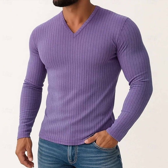 Compression Shirts for Men Ribbed Knit Long Sleeve V-Neck Gym Workout Shirts Pullover Athletic Undershirts