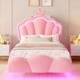 thumbnail image 4 of Hiphuta Twin Floating Bed Frame with Crown Storage Headboard, Velvet Upholstered Platform Bed with LED Lights & Charging Station, No Box Spring Needed, Pink, 4 of 7