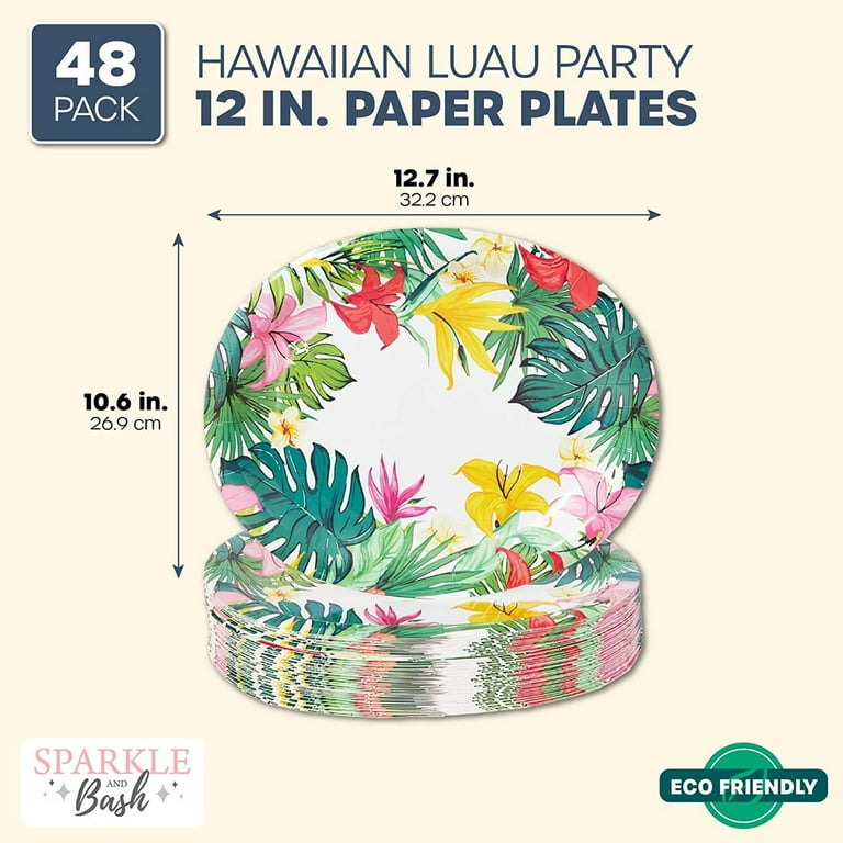48 Pack Hawaiian Luau Party Supplies Oval Paper Plates 12.5 x 10.5 in