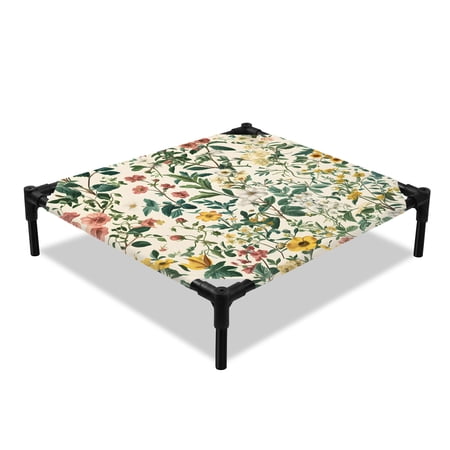 Vintage Plant Elevated Dog Bed Pastoral Pink Flower Leaf Retro Style Cooling Breathable Outdoor Raised Dog Cot Bed with Metal Frame Non-Slip Feet for Small Dog 20x20in