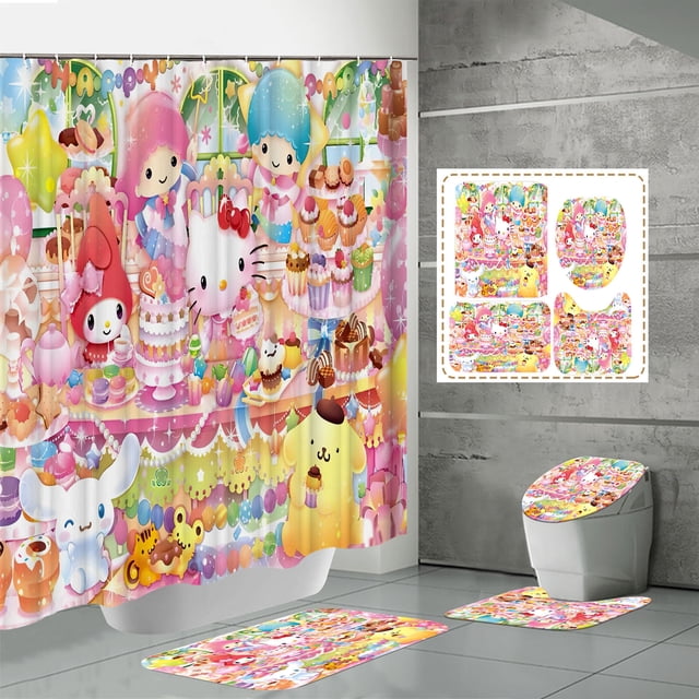 Fabricantes de fuentes de comercio electrónico transfronterizo Impresión digital 3D Cortina de ducha de baño de poliéster impermeable Hello Kitty Serie 3 fabricantes directos