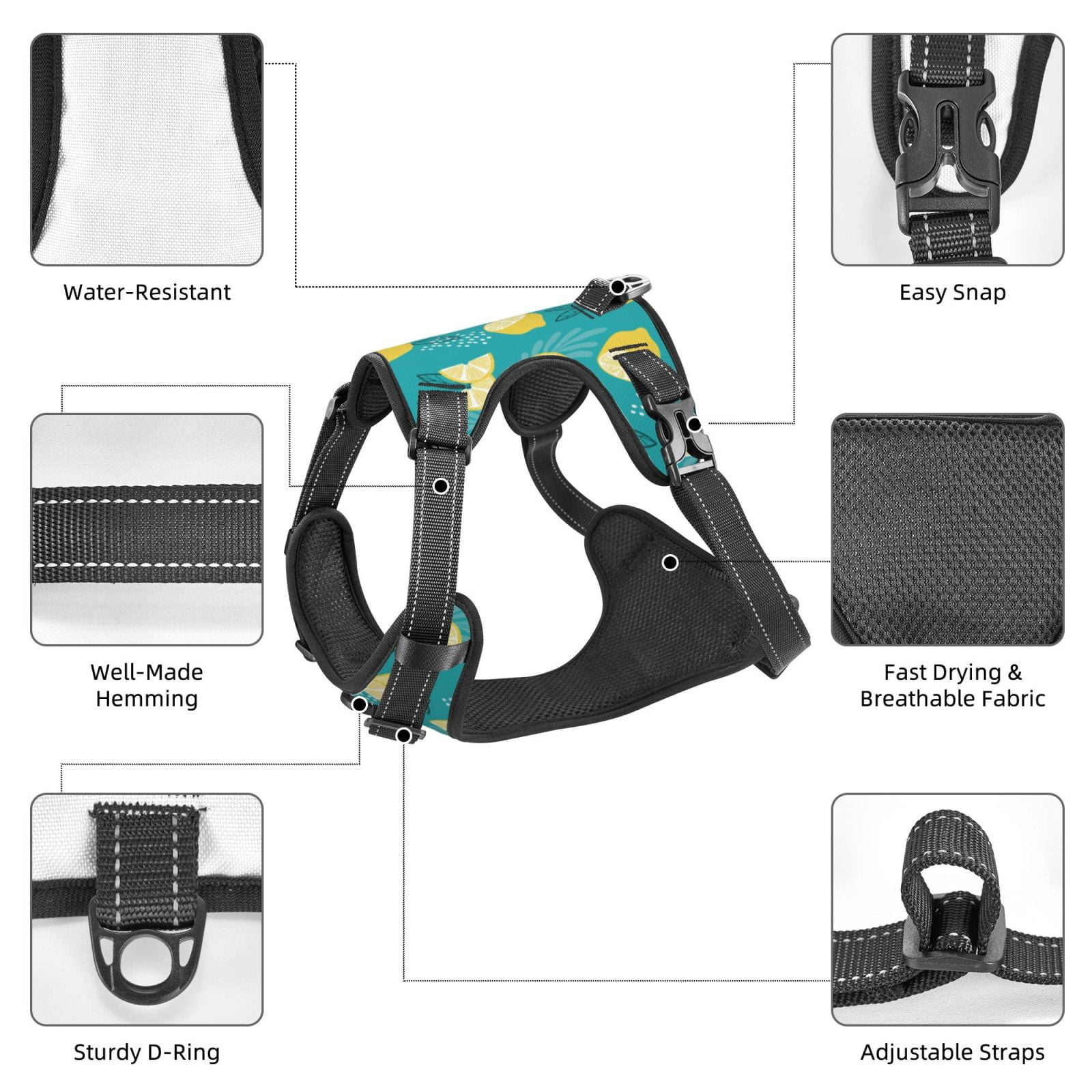Kdxio Lemon Blue Print No Pull Dog Harness Adjustable Reflective Oxford Easy Control Medium Large Dog Harness for Training and Everyday-Large