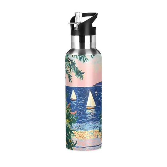 Yayeee 20oz Double Wall Stainless Steel Water Bottle with Flip Straw, Colorful Seaside