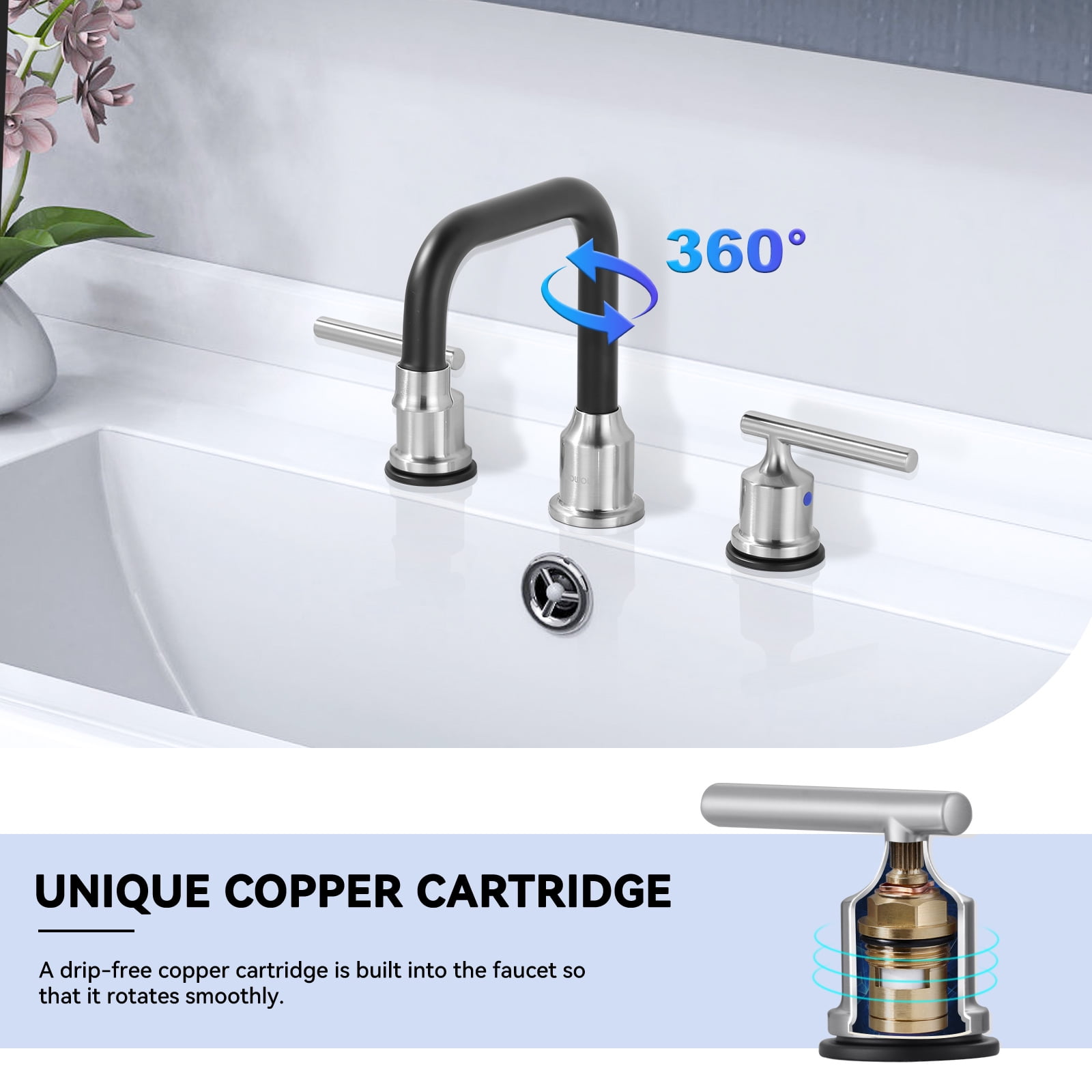 WOWOW 3 Hole Bathroom Faucet Widespread Bathroom Sink Faucet 8 inch