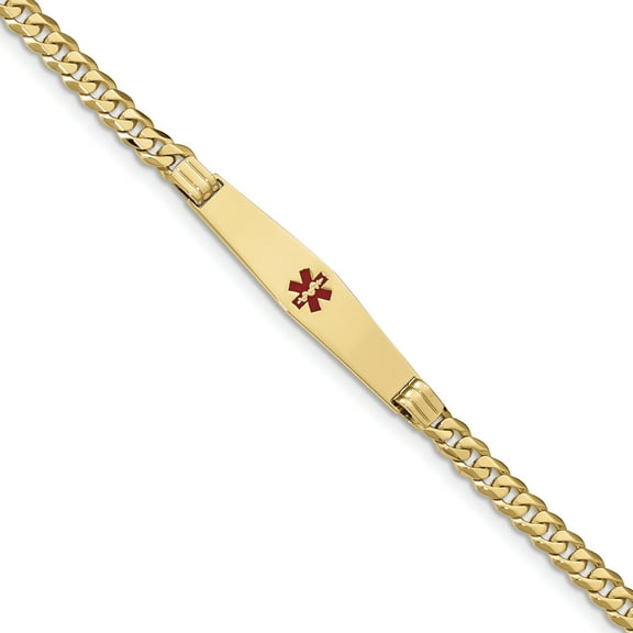 14K Yellow Gold Medical Soft Diamond Shape Red Enamel Curb Link ID Bracecet