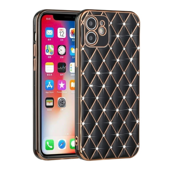 For Apple iPhone 14 Pro (6.1") Luxury Diamonds on Electroplated Grid Design Rhinestone Protective TPU Hard PC Cover ,Xpm Phone Case [ Black / Gold ]