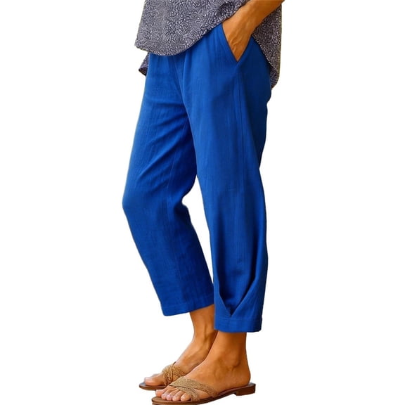 Pants for Women Blue Cotton And Linen Casual Loose Solid Elastic Waist Pocket Straight Leg Pants Pants XXXL