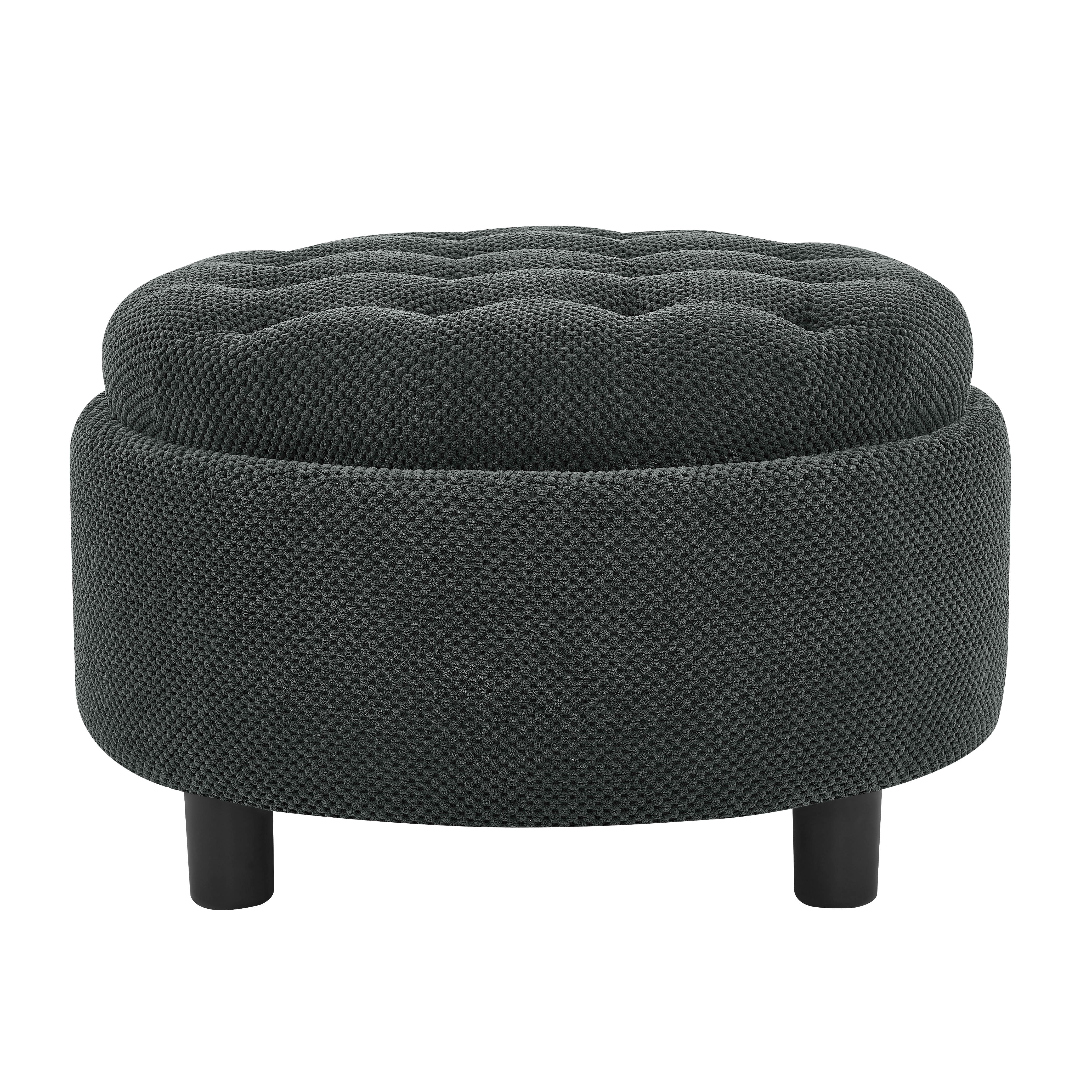 MAYEERTY 25 In Round Storage Ottoman with Tray, Tufted Fabric, Coffee Table Ottoman, Dark Grey