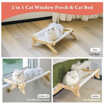 2 Cats Design Cat Window Perch, Cat Hammock Window Seat with   Wood &Removable  Mat for Large Cats, Easy to Adjust&Assemble Cat Bed for Windowsill, Bedside and Drawer