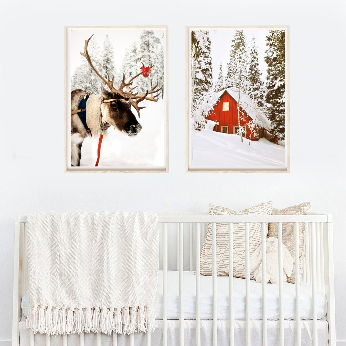 Set of 2 Prints Reindeer Chalet Winter Nature Landscape Wall Art Canvas  Painting Nordic Christmas Wall Decor Christmas Gift Unframed 