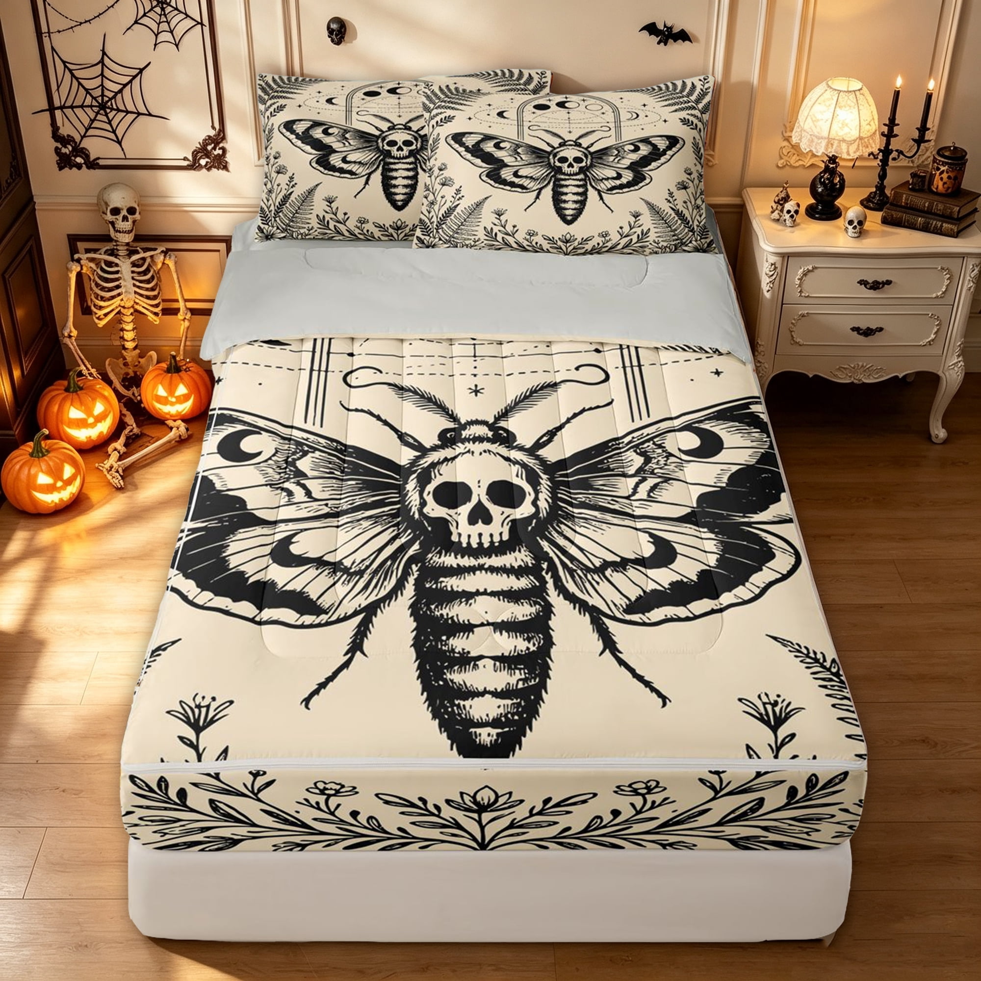 Feelyou Hippie Halloween Moth Zipper Twin Comforter Sets with Fitted Sheet and 2 Pillowcases Boho Western Plant Zipper Bedding Set Cream Black Gray Reversible 4 Pieces