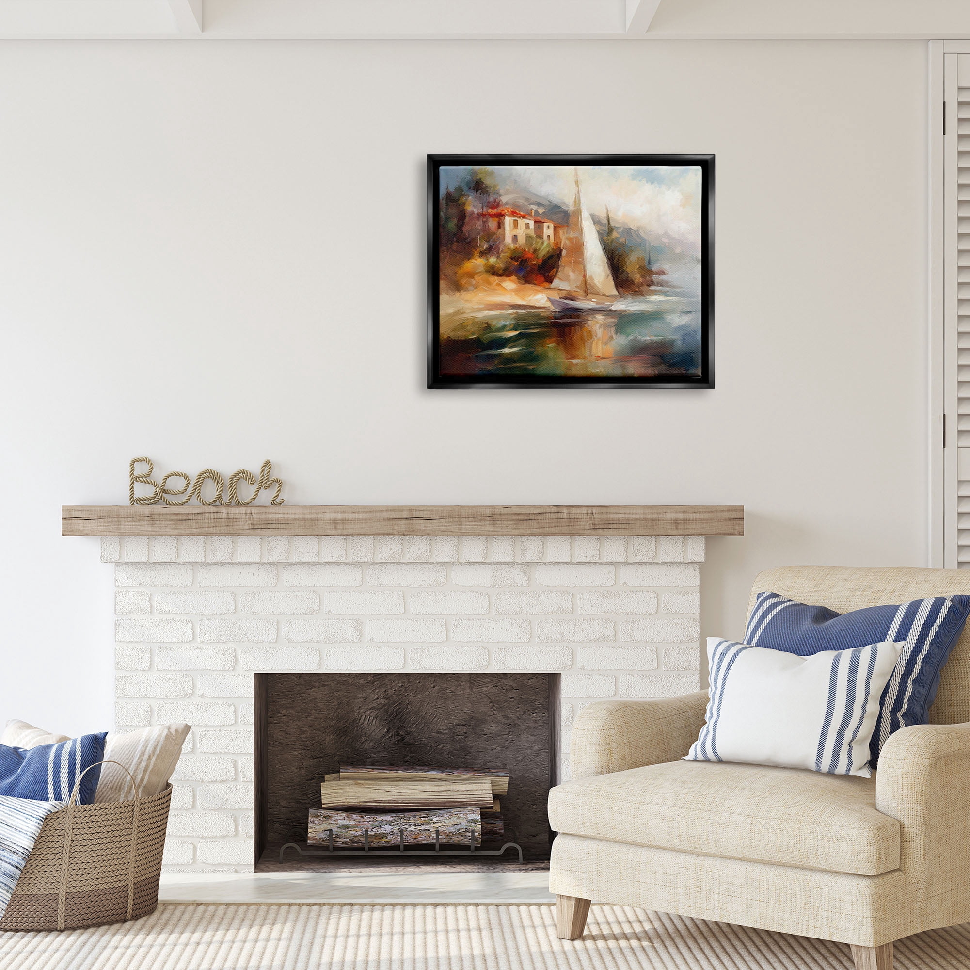 Stupell Industries Sailboat by Town Shore Transportation Painting Black Floater Framed Art Print Wall Art, 31 x 25