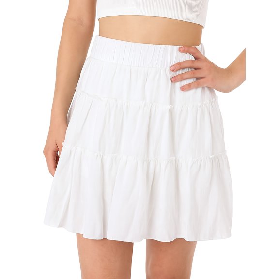 Ruffle Skirt White, Women's Summer Skirt, Pleated Elastic High Waist A-Line Casual Skirt with Underlayer