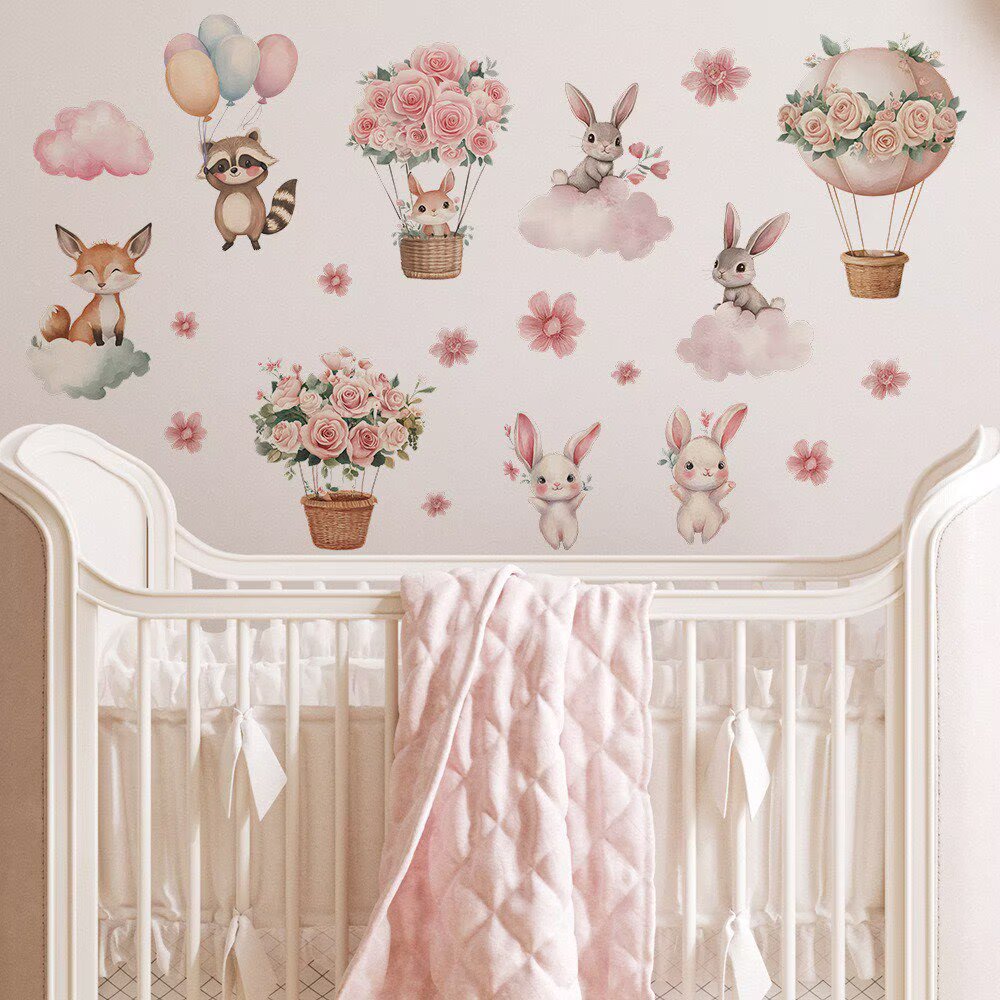 Woodland Forest Animal Wall Sticker,Pink rabbit sticker, animal and balloon stickers, Removable Peel & Stick Nursery Wall Art for Kids Bedroom