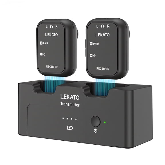 LEKATO MS-40 Wireless in-Ear Monitor with Charging box , 30H Battery Life with Box, 2.4G IEM System 1 Transmitter 2 Receivers Auto-Pairing,OTG Support,One to More, in-Ear Monitoring for Studio,Live,S