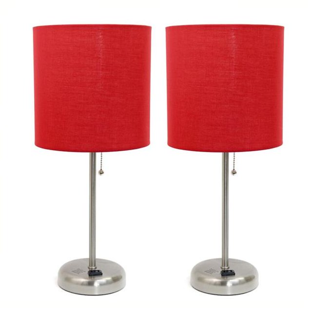 Lampe de Table en Acier Brossé avec Prise de Charge et Abat-Jour en Tissu, Rouge - Ensemble de 2
