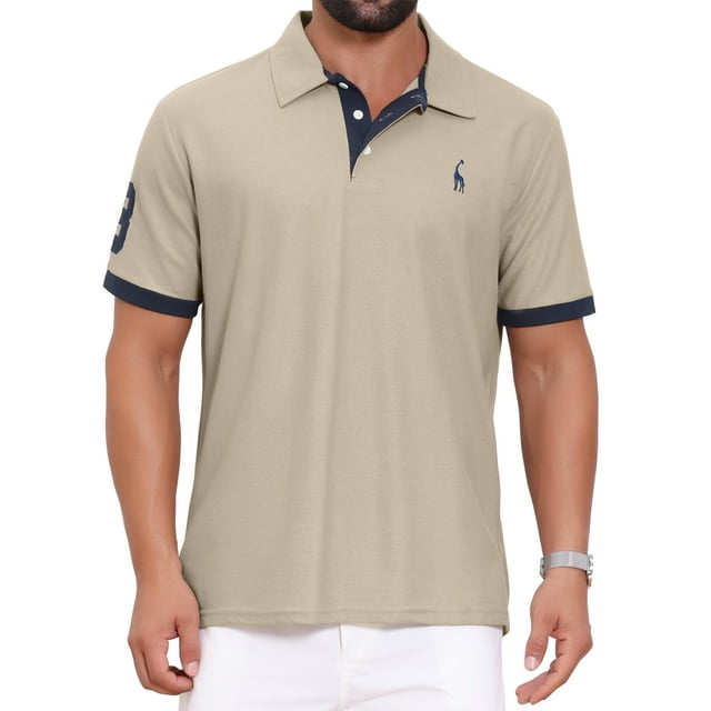 Camisa polo de piqué con patrón para hombre, de color contrastante, de manga corta, para golf, talla S, color caqui