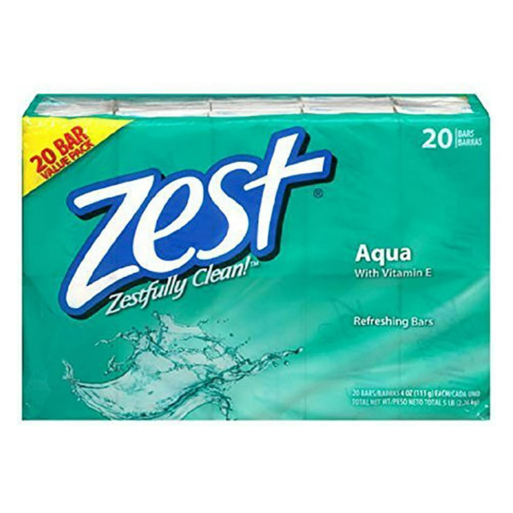 Zest Bar Soap Aqua With Vitamin E, 4 Ounce Bars, 20 Pack