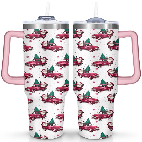 Christmas Vintage Car Santa Claus 40 Oz Tumbler with Handle Lid and Straw Stainless Steel Double Walled Vacuum Insulated Cup Merry Christmas Gifts Tumbler for Women Men Friends Outdoor Indoor