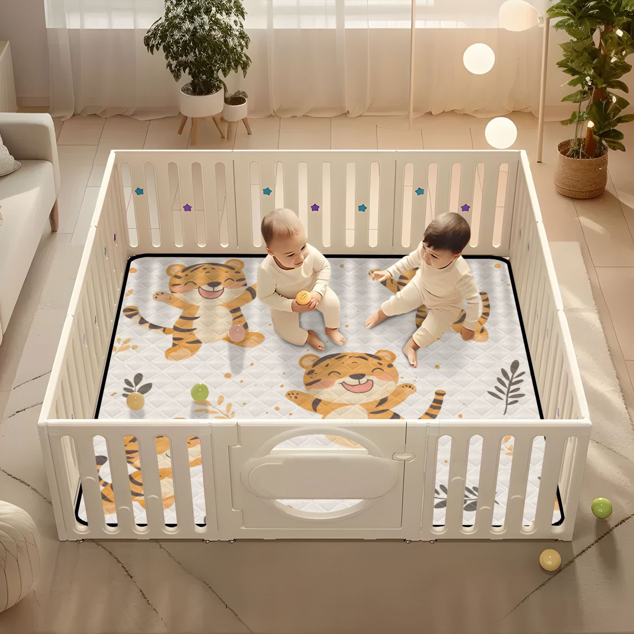 WOBOGO Cute Smile Jumping Tiger Baby Playmats Extra Large Waterproof Rollable Activity Pads for Toddlers 50×50inch