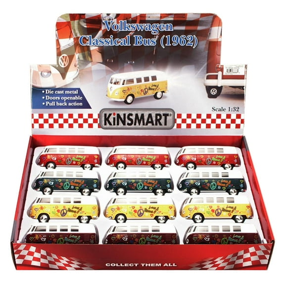 1962 Volkswagen Classic Bus with Decals Diecast Car Package - Box of 12 1/32 scale Diecast Model Cars, Assorted Colors