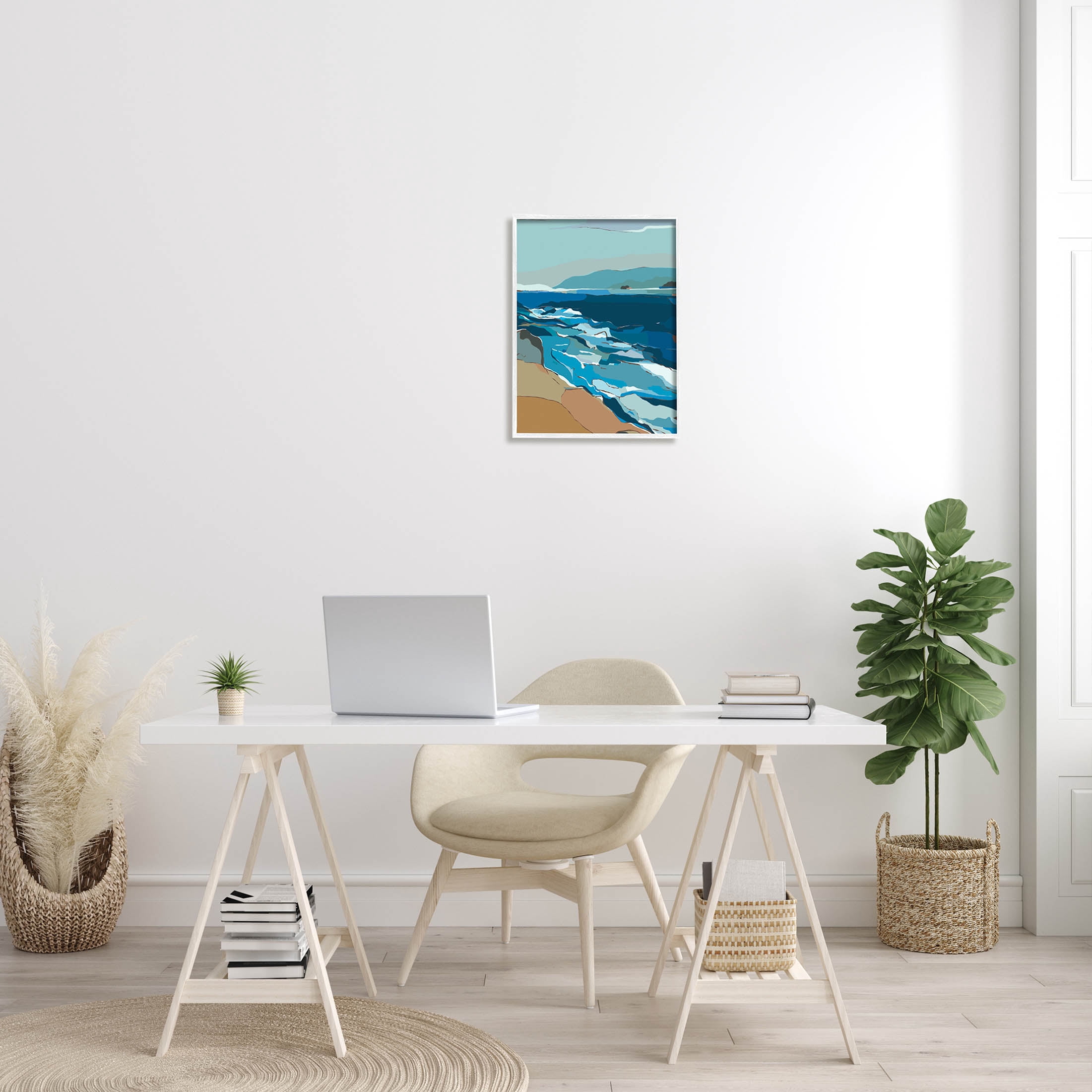 Stupell Industries Contemporary Beach Shore Waves Graphic Art White Framed Art Print Wall Art, Design by Nikita Jariwala