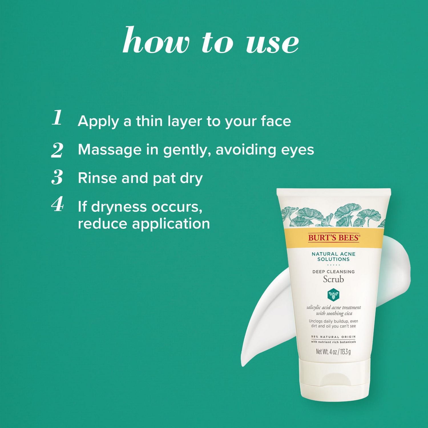 Exfoliant nettoyant en profondeur de la gamme Solutions naturelles contre l’acné de Burt’s Bees®, traitement contre l’acné à base d’acide salicylique avec Cica apaisante, formule d’origine naturelle à 99 %