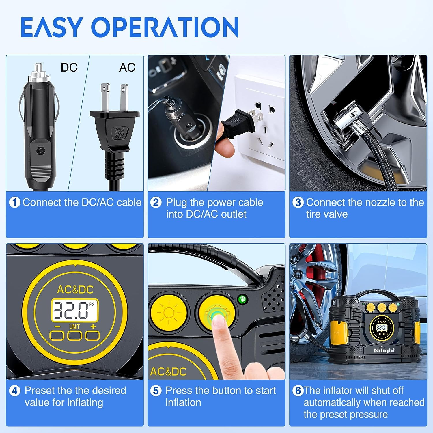 Nilight Tire Inflator Portable Air Compressor Dual Power for Car 12V DC and Home 110V AC Tire Pump w/Tire Pressure Gauge Fast Inflate Auto Shut off Pump for Car SUV Motorcycle Bicycle