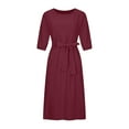 thumbnail image 6 of fartey Womens Plus Size Cotton Linen Dress with Waist Tie Solid Color Maxi Dresses Tunic Fitted 3/4 Puff Sleeves Sundress Breathable Casual Round Neck Beach Sundresses, S-5XL, 6 of 8