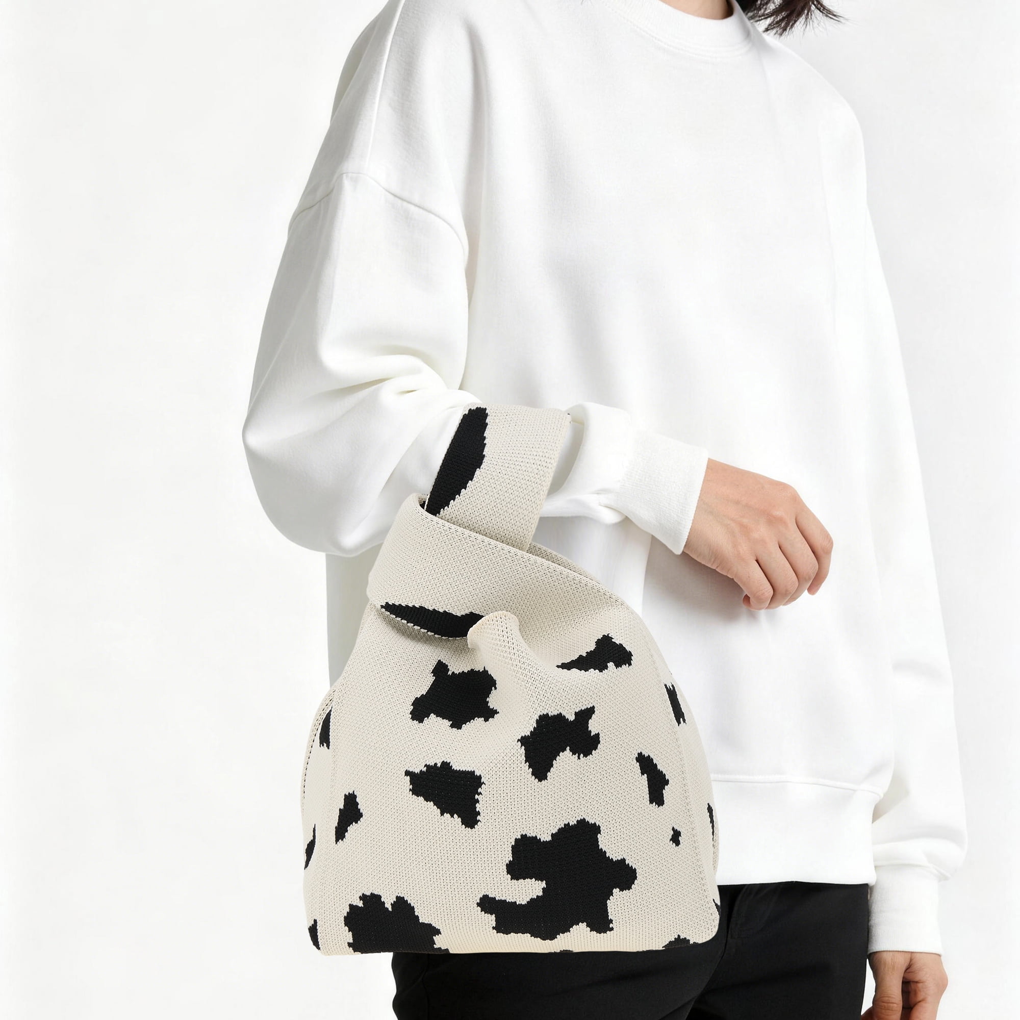 Unique Bargains Cow Pattern Knitted Wrist Bag Beige Black 1 Pc